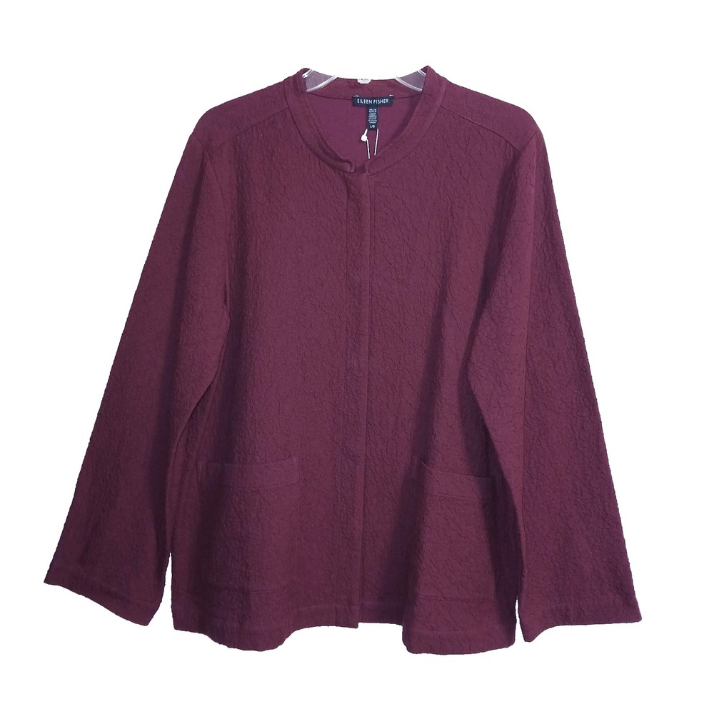 Eileen Fisher Rippled Organic Cotton Mandarin Jacket Large Red Wine Modest Boxy
